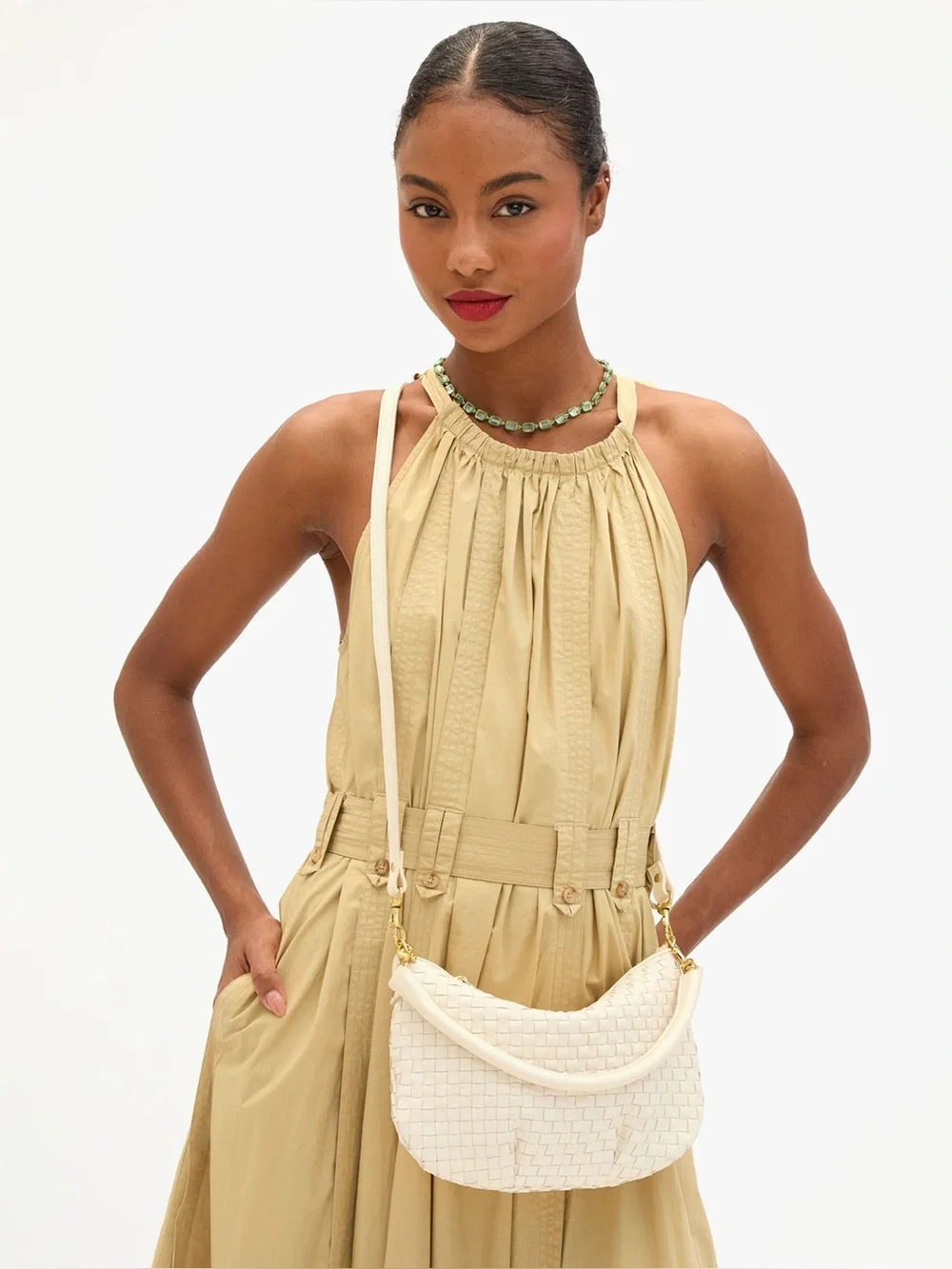 Clare V Petit Moyen Cream Woven Checker Leather Crossbody Shoulder Bag